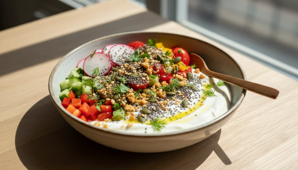 Savory Yogurt Bowl with Seeds and Veggies